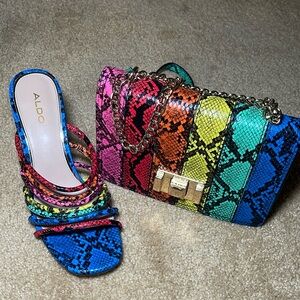 Aldo Multicolor Snake Print Bag & Heels